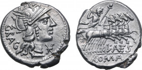 L. Antestius Gragulus AR Denarius. Rome, 136 BC. Helmeted head of Roma to right; mark of value before, GRAG downwards behind / Jupiter driving quadrig...