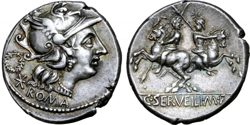 C. Servilius M. f. AR Denarius. Rome, 136 BC. Helmeted head of Roma to right; wr...