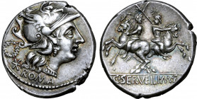 C. Servilius M. f. AR Denarius. Rome, 136 BC. Helmeted head of Roma to right; wreath above mark of value behind, ROMA below / The Dioscuri riding in o...