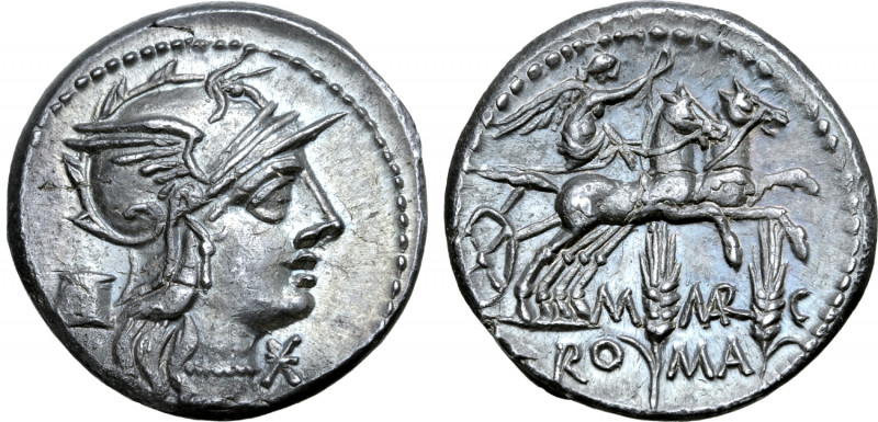 M. Marcius Mn. f. AR Denarius. Rome, 134 BC. Helmeted head of Roma to right; mod...