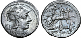 M. Marcius Mn. f. AR Denarius. Rome, 134 BC. Helmeted head of Roma to right; modius behind, mark of value below chin / Victory driving biga to right, ...