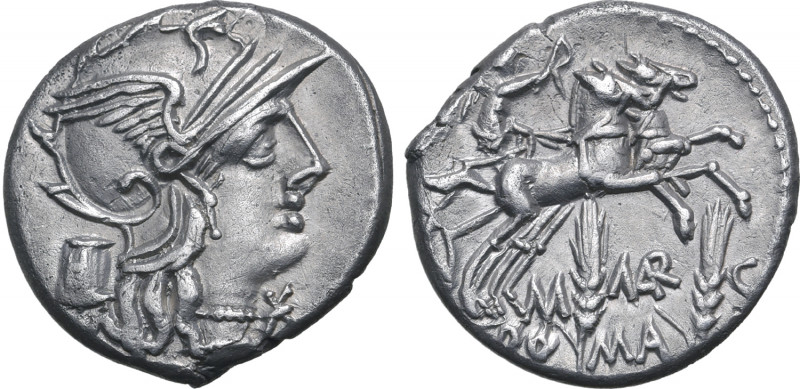 M. Marcius Mn. f. AR Denarius. Rome, 134 BC. Helmeted head of Roma to right; mod...
