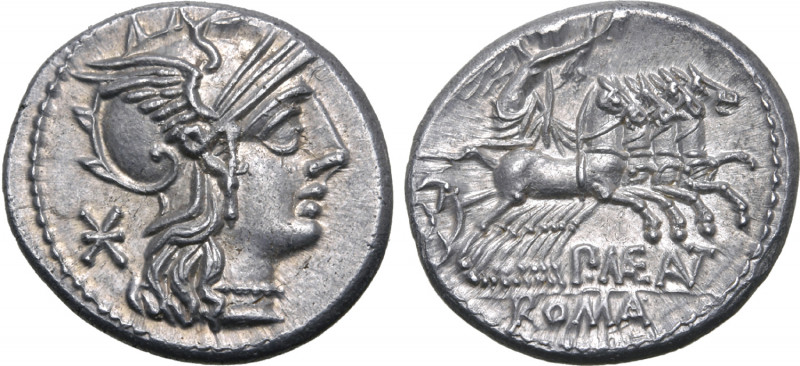 P. Maenius Antiaticus M. f. AR Denarius. Rome, 132 BC. Helmeted head of Roma to ...
