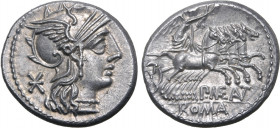 P. Maenius Antiaticus M. f. AR Denarius. Rome, 132 BC. Helmeted head of Roma to right; mark of value behind / Victory driving quadriga to right, holdi...
