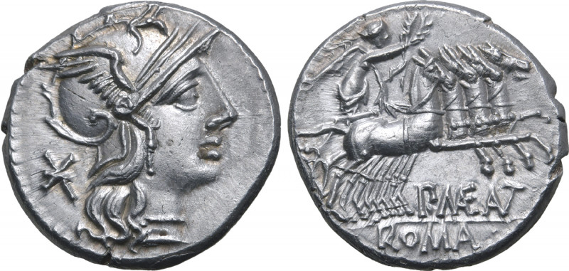P. Maenius Antiaticus M. f. AR Denarius. Rome, 132 BC. Helmeted head of Roma to ...