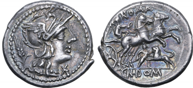 Cn. Domitius Ahenobarbus AR Denarius. Rome, 128 BC. Helmeted head of Roma to rig...