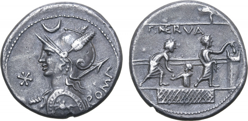 P. Licinius Nerva AR Denarius. Rome, 113-112 BC. Helmeted bust of Roma to left, ...