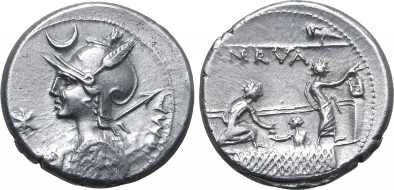 P. Licinius Nerva AR Denarius. Rome, 113-112 BC. Helmeted bust of Roma to left, ...