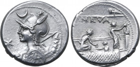 P. Licinius Nerva AR Denarius. Rome, 113-112 BC. Helmeted bust of Roma to left, holding shield and spear over shoulder; crescent above, [RO]MA upwards...