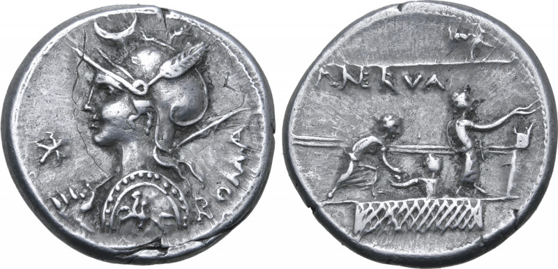 P. Licinius Nerva AR Denarius. Rome, 113-112 BC. Helmeted bust of Roma to left, ...