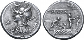 P. Licinius Nerva AR Denarius. Rome, 113-112 BC. Helmeted bust of Roma to left, holding shield and spear over shoulder; crescent above, ROMA upwards b...