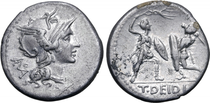 T. Didius AR Denarius. Rome, 113-112 BC. Helmeted head of Roma to right; monogra...