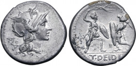 T. Didius AR Denarius. Rome, 113-112 BC. Helmeted head of Roma to right; monogram of ROMA behind, [mark of value below] / Two gladiators fighting, eac...