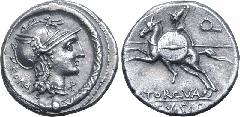 L. Manlius Torquatus AR Denarius. Rome, 113-112 BC. Helmeted head of Roma to rig...
