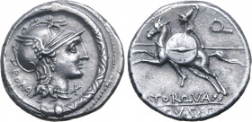 L. Manlius Torquatus AR Denarius. Rome, 113-112 BC. Helmeted head of Roma to right; ROMA (partially ligate) behind, X (mark of value) below chin; all ...