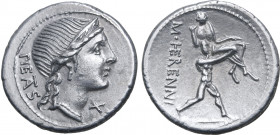 M. Herennius AR Denarius. Rome, 108-107 BC. Head of Pietas to right, wearing stephane; PIETAS (partially ligate) downwards behind, X (control letter) ...