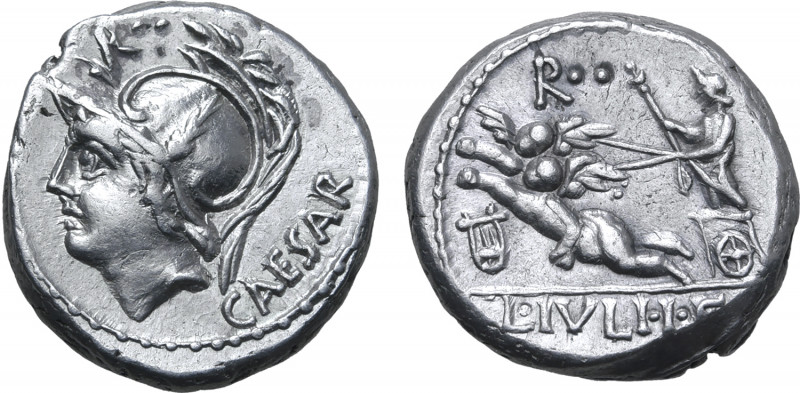 L. Julius L. f. Caesar AR Denarius. Rome, 103 BC. Helmeted head of Mars to right...