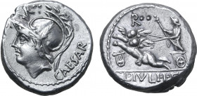L. Julius L. f. Caesar AR Denarius. Rome, 103 BC. Helmeted head of Mars to right; CAESAR upwards behind, R•• above / Venus Genetrix driving biga of Cu...