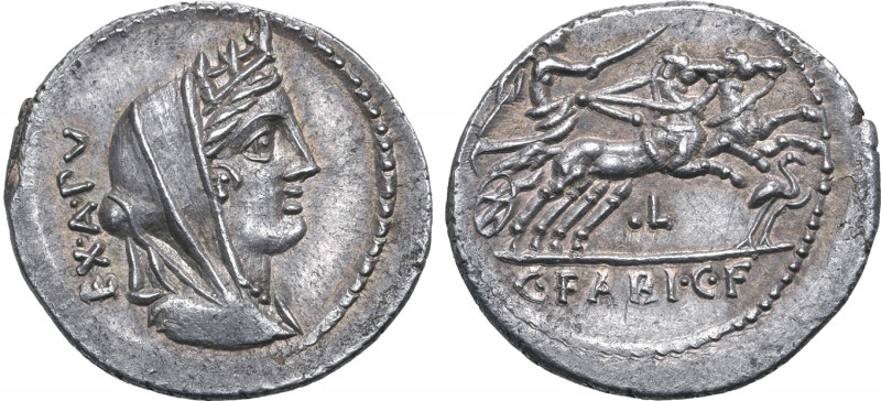 C. Fabius C. f. Hadrianus AR Denarius. Rome, 102 BC. Veiled and turreted bust of...