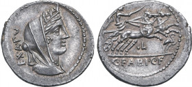 C. Fabius C. f. Hadrianus AR Denarius. Rome, 102 BC. Veiled and turreted bust of Cybele to right; EX•A•PV upwards behind / Victory driving biga to rig...
