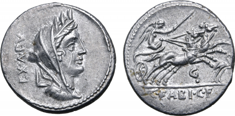 C. Fabius C. f. Hadrianus AR Denarius. Rome, 102 BC. Turreted and veiled head of...