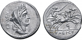 C. Fabius C. f. Hadrianus AR Denarius. Rome, 102 BC. Turreted and veiled head of Cybele to right; EX•A•PV upwards to left / Victory driving biga to ri...