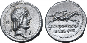 L. Calpurnius Piso Frugi AR Denarius. Rome, 90 BC. Laureate head of Apollo to right; K behind, K before / Horseman galloping to right, holding palm br...
