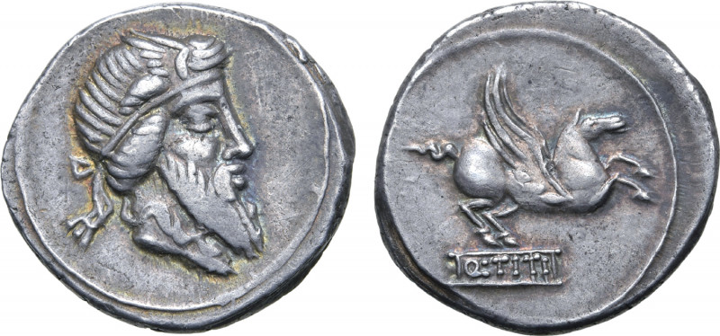 Q. Titius AR Denarius. Rome, 90 BC. Bearded head of Mutinus Titinus to right, we...