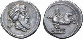 Q. Titius AR Denarius. Rome, 90 BC. Bearded head of Mutinus Titinus to right, wearing winged diadem, lock of hair falling down neck / Pegasus springin...