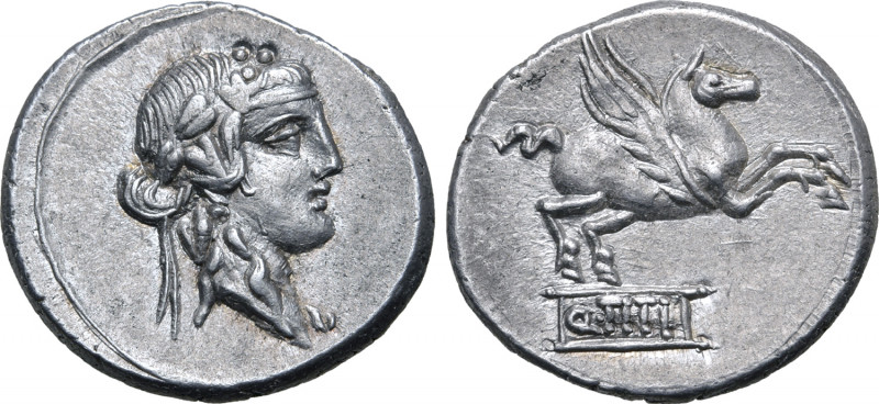 Q. Titius AR Denarius. Rome, 90 BC. Head of young Bacchus to right, wearing ivy ...