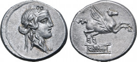 Q. Titius AR Denarius. Rome, 90 BC. Head of young Bacchus to right, wearing ivy wreath / Pegasus springing to right from tablet inscribed Q•TITI. Craw...
