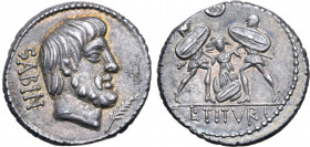 L. Titurius L. f. Sabinus AR Denarius. Rome, 89 BC. Bearded head of the Sabine king Tatius to right; SABIN downwards behind, palm branch below chin / ...