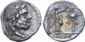 Cn. Lentulus Clodianus AR Quinarius. Rome, 88 BC. Laureate head of Jupiter to right / Victory standing to right, crowning trophy; CN•LENT (ligate) in ...