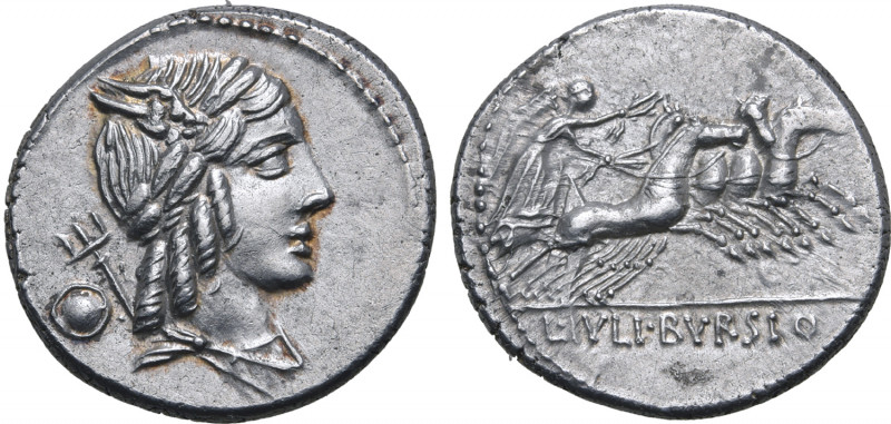 L. Julius Bursio AR Denarius. Rome, 85 BC. Male head to right, with attributes o...