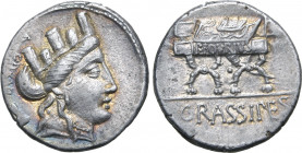 P. Furius Crassipes AR Denarius. Rome, 84 BC. Turreted head of Cybele to right; AED•[CVR] and foot downwards behind / Curule chair inscribed P•FOVRIVS...