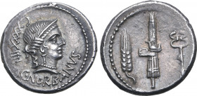C. Norbanus AR Denarius. Rome, 83 BC. Diademed bust of Venus to right; CXXXXIIII (control number) behind, C•NORBANVS below / Fasces between corn ear a...