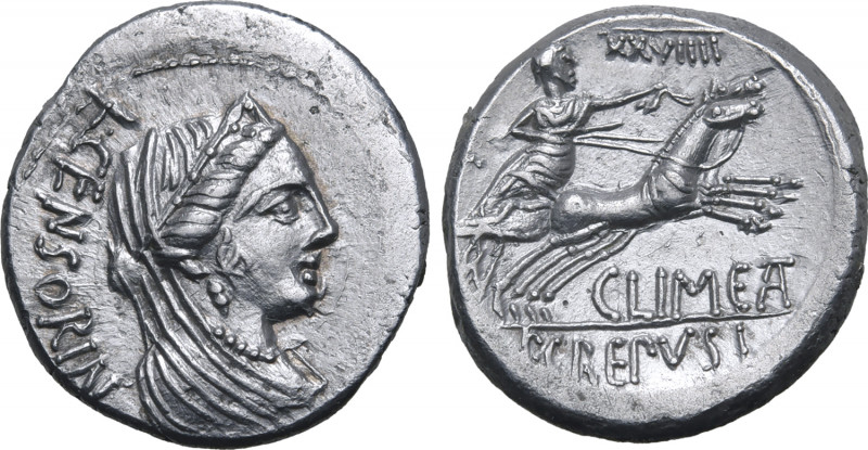 L. Censorinus, P. Crepusius, and C. Limetanus AR Denarius. Rome, 82 BC. Veiled, ...