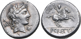 P. Crepusius AR Denarius. Rome, 82 BC. Laureate head of Apollo to right; sceptre and M (control letter) behind, grape bunch below chin / Horseman to r...