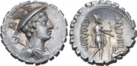 C. Mamilius Limetanus AR Serrate Denarius. Rome, 82 BC. Draped bust of Mercury to right, wearing winged petasos; caduceus and M (control letter) behin...