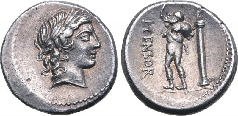 L. Censorinus AR Denarius. Rome, 82 BC. Laureate head of Apollo to right / Marsy...