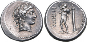 L. Censorinus AR Denarius. Rome, 82 BC. Laureate head of Apollo to right / Marsyas walking to left, raising hand and holding wineskin over shoulder, c...
