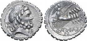 Q. Antonius Balbus AR Serrate Denarius. Rome, 83-82 BC. Laureate head of Jupiter to right; R• before, S•C behind / Victory driving quadriga to right, ...