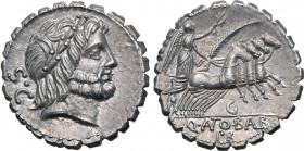 Q. Antonius Balbus AR Serrate Denarius. Rome, 83-82 BC. Laureate head of Jupiter to right; S•C behind / Victory driving quadriga to right, holding rei...