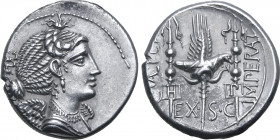 C. Valerius Flaccus AR Denarius. Massalia, 82 BC. Draped and winged bust of Victory to right; winged caduceus behind / Legionary eagle between two sta...