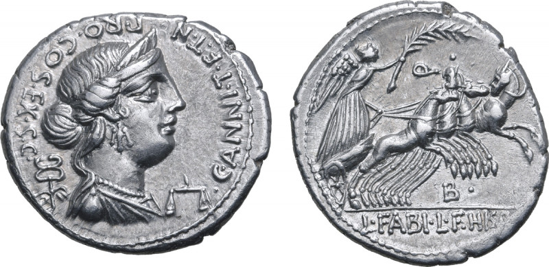 C. Annius T. f. T. n. and L. Fabius L. f. Hispaniensis AR Denarius. Mint in nort...