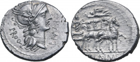 L. Manlius and L. Cornelius Sulla AR Denarius. Military mint travelling with Sulla, 82 BC. Helmeted head of Roma to right; L•MAN[LI] upwards before, P...
