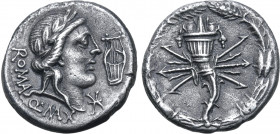 Q. Fabius Maximus AR Denarius. Restoration issue under Sulla. Rome, 82-80 BC. Laureate head of Apollo to right; Q•MAX (partially ligate) below, ROMA b...