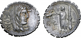 A. Postumius A. f. Sp. n. Albinus AR Serrate Denarius. Rome, 81 BC. Head of Hispania to right, wearing veil; HISPAN behind / Togate figure standing to...
