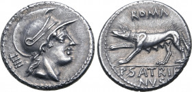 P. Satrienus AR Denarius. Rome, 77 BC. Helmeted head of Roma to right; ⊥III (control mark) behind / She-wolf standing to left; ROMA above, P•SATRIENVS...