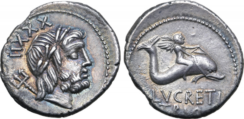 L. Lucretius Trio AR Denarius. Rome, 74 BC. Laureate head of Neptune to right, w...